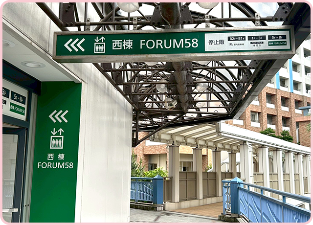 「西棟FORUM58」（緑の看板）が見えてきます。こちらから建物にお入りください。